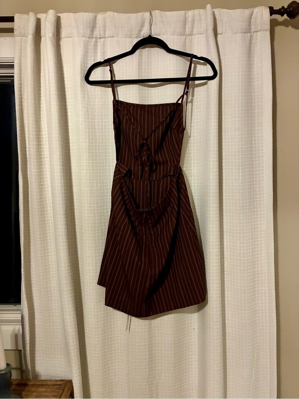 Reformation Cielo Brown Pinstripe Spaghetti Strap Mini Dress-backless with tie.